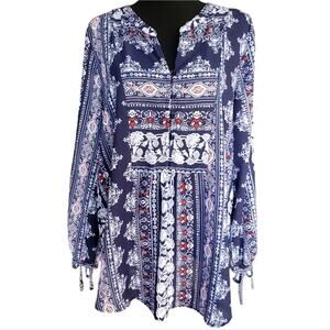 Liz Claiborne BOHO Size L long sleeve w/tie closure blue and red colors